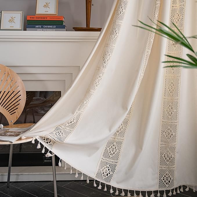 Sutuo Home Boho Curtain Crochet Lace Patchwork Semi-Blackout Bohemian Handmade Tassels, Rod Pocket Window Treatment Vintage Rustic Farmhouse Drapes for Bedroom, 1 Panel 59" W x 96" L, Beige-Ruum Studio Home