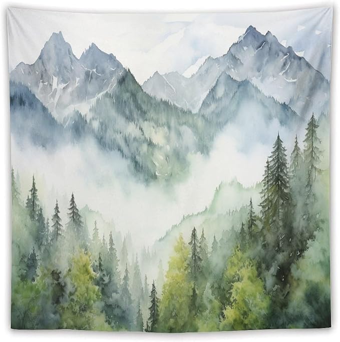 HZOHNAGO Mountain Tapestry Misty Green Forest Mountain Pattern Printed Wall Tapestry Wall Hanging for Bedroom Living Room Dorm 60" W x 60" H-Ruum Studio Home