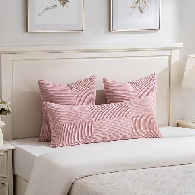 Fancy Homi Set of 2 Blush Pink Boho Long Lumbar Body Decorative Throw Pillow Cover 14x36 Inch for Bed Couch Bedroom Bench, Soft Patchwork Corduroy Textured Pillow Case, Rustic Farmhouse Room Décor-Ruum Studio Home