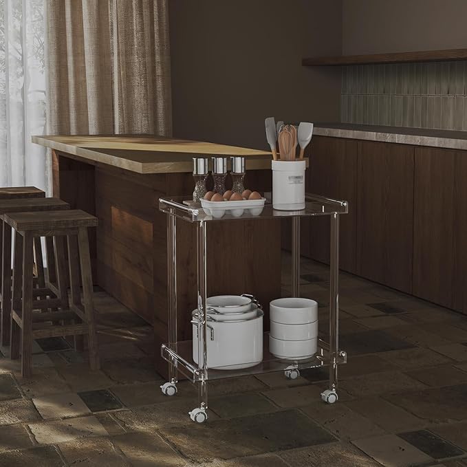 HMYHUM Acrylic Bar Cart, Rolling Serving Cart with 4 Lockable Wheels for The Home Bar, Kitchen, Living Room, Modern, 2-Tier, 23.6" L x 15" W x 30" H, Clear-Ruum Studio Home