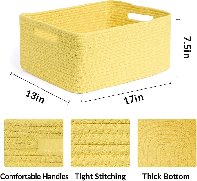 Large Storage Baskets for Organizing, Closet Shelf Baskets for Clothes Blanket Towels, Baby Nursery, Toy Bins Box, Woven Rope Baskets, 17 x 13 x 7.5”, 4 Packs Yellow-Ruum Studio Home