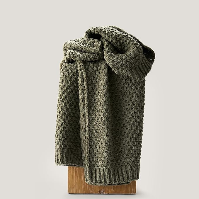 Chunky Chenille Knit Throw Blanket for Couch, Soft Luxurious Moss Stitch Blankets for Bed, Cozy Decorative Farmhouse Knitted Throws for Sofa, Olive Green, 60" x 80"-Ruum Studio Home