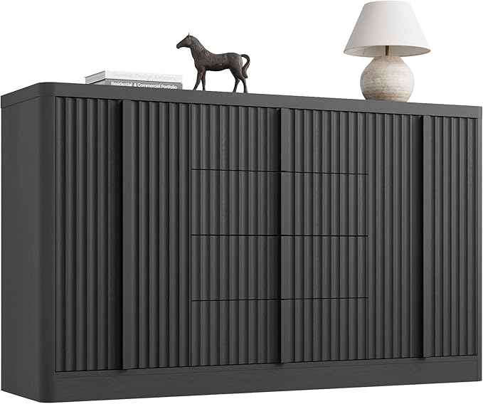Buffet Cabinet with Storage, 60" Fluted Coffee Bar with 4 Drawers & 2 Doors, Modern Sideboard Buffet with Solid Wood Handle, Credenza Storage Cabinet for Living Room Kitchen Dining Room, Black(1PCS)-Ruum Studio Home