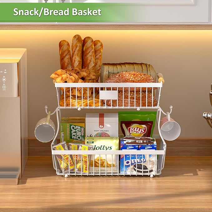 2 Tier Fruit Basket for Kitchen Counter with 2 Banana Hangers, Countertop Metal Fruit Bowl with Wooden Handle, Large Storage Stand for Vegetables, Snacks, Breads, Produce Storage – White-Ruum Studio Home
