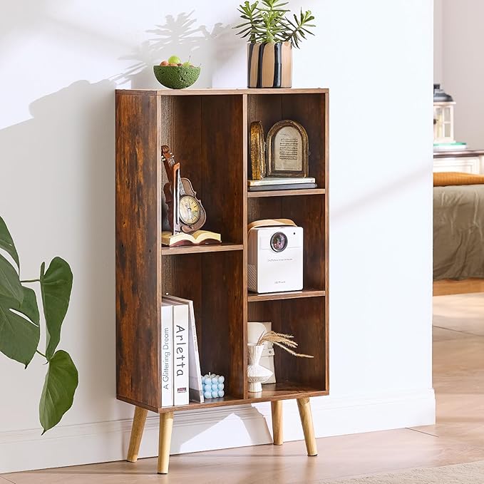 LEYAOYAO 5 Cube Small Bookshelf,3 Tier Mid-Century Bookcase with Legs,Wood Bookshelves Storage Organizer Shelf,Narrow Book Shelves,Brown Bookcases-Ruum Studio Home