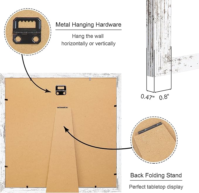 12x12 Picture Frame Set of 4, 12 x 12 Wood Photo Frames with Mat for 10x10 or 30x30cm Diamond Painting Art, Wooden Frame with Real Glass Cover for Wall and Tabletop Display,Distressed White-Ruum Studio Home