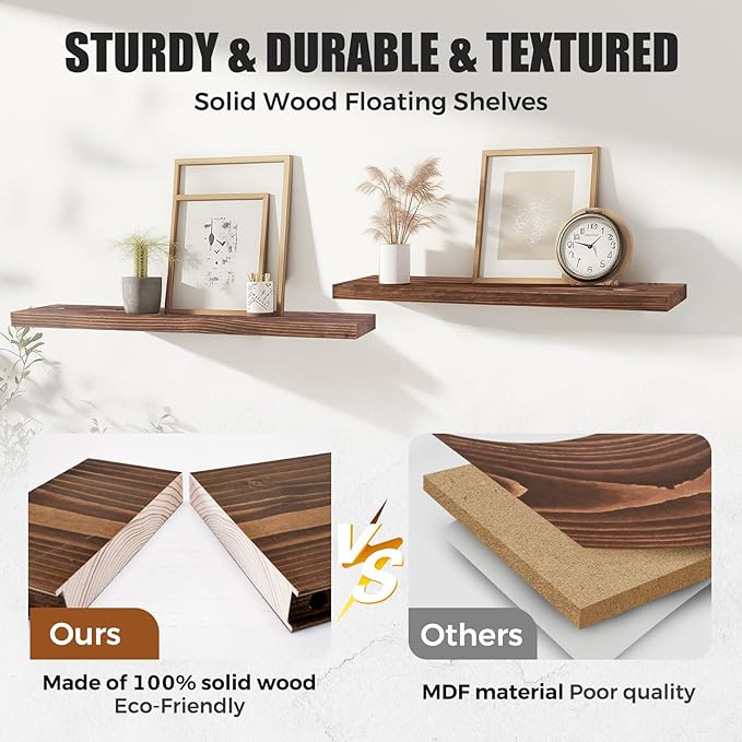 Floating Wall Shelves 3-Pack - 24-Inch Rustic Brown Wooden Shelves for Storage and Décor, Easy Installation for Living Room, Bedroom, and Kitchen-Ruum Studio Home