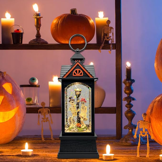 Halloween Snow Globe Lantern with 6 Hour Timer,Halloween Decorations Indoor for Home,Halloween Decor,USB or Battery Powered for Halloween Lanterns,Halloween Skeleton-A-Ruum Studio Home