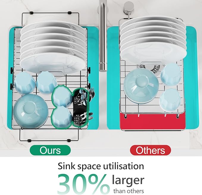 GSlife Expandable Dish Drying Rack - Stainless Steel Capacity Adjustable Over The Sink Rack (10.8''-17.9'') with Sink Mat, Dish Drainer for Kitchen Sink Counter with Utensil Holder, Silver-Ruum Studio Home