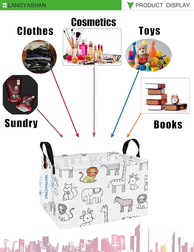 LANGYASHAN Rectangular Storage Bin Collapse Canvas Fabric Cartoon Storage Basket with Handles for Organizing Home Kitchen Boys and Girls Toys Office Closet Shelf Baskets (Rec Simplified Zoo)-Ruum Studio Home