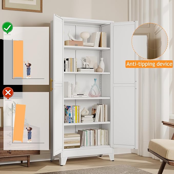 71" Tall Metal Pantry Storage Cabinet with Doors and 4 Adjustable Shelves, White Kitchen Food Pantry Cabinets, Tall Freestanding Cupboard for Kitchen, Dining Room or Living Room-Ruum Studio Home