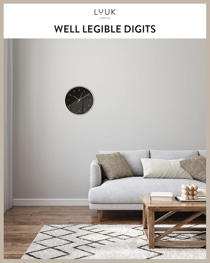 LUUK LIFESTYLE Modern Wall Clock with Silent Quartz Movement, Stylish & Functional, Decoration for Bedroom, 12 inch, in Black & Gold-Ruum Studio Home