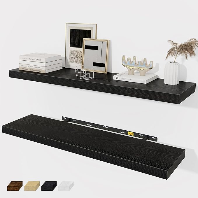 Fun Memories Black Floating Shelves 36 Inch Long, Rustic Farmhouse Bathroom Shelves Over Toliet, 36 x 8 Inch Floating Shelves for Wall, Deep Wall Shelf for Living Room, Kitchen, Bedroom, Set of 2-Ruum Studio Home