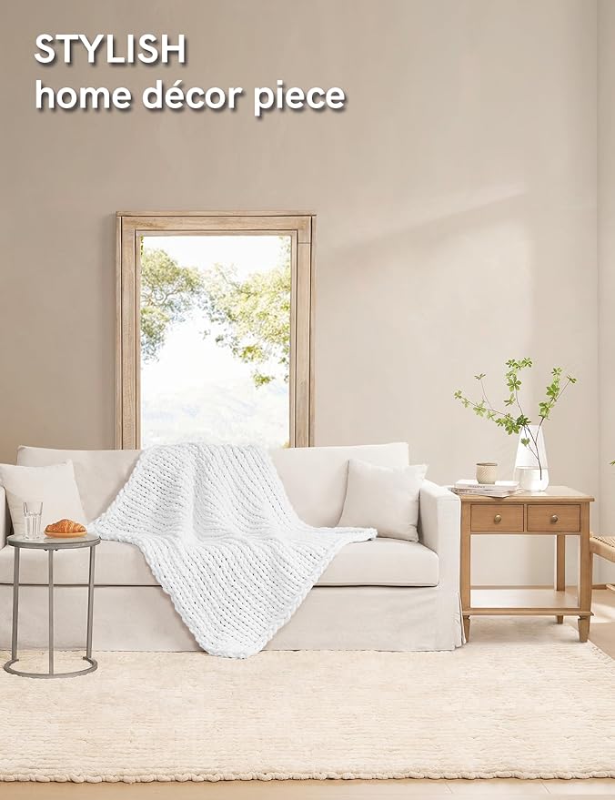 YnM Chunky Throw Blanket, Medium-Weight, Hand Knitted with Chenielle Yarn, Skin Friendly, Ventilated and Breathable, Machine Washable, Home Décor Piece for Couch, Sofa and Bed (White, 60x80 Inch)-Ruum Studio Home
