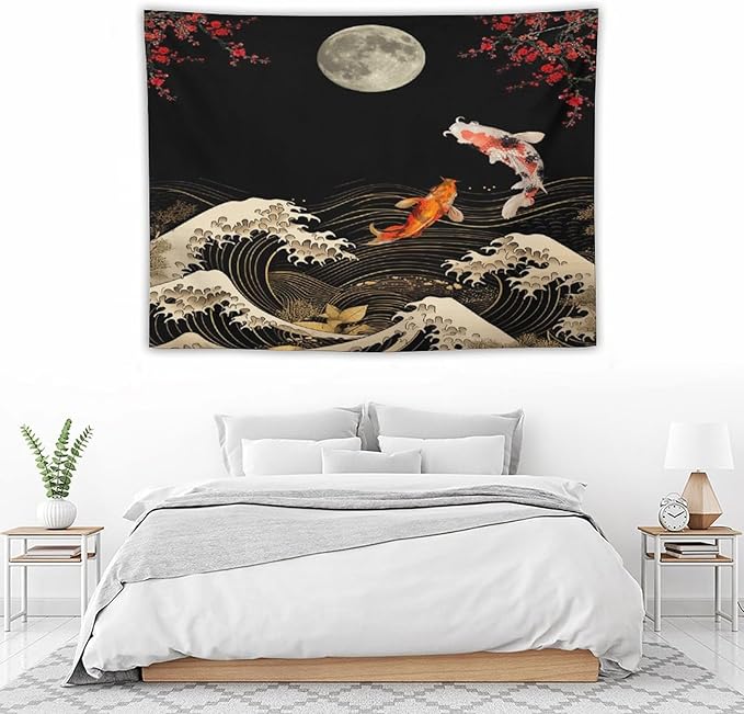 Houselerax Koi Fish Tapestry, Japanese Style Yin Yang Big Wave Cherry Blossom Tapestries Wall Hanging for Bedroom Living Room Office Decor 40"x30"-Ruum Studio Home
