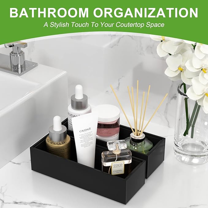 Premium Bamboo Kitchen Drawer Organizer - Set of 2, Stackable Utensils Holder, Storage Box Tray for Kitchen Drawers, Cabinet, Utensil, Silverware, Spatula, Flatware or Makeup, Vanity, Bathroom(Black)-Ruum Studio Home