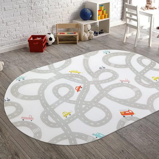STARUIA Road Traffic Kids Rug Children Playing with Cars Playmat 4x6 Ft, Washable Play Carpet for Kids Playroom, Non-Slip Have Fun Safe Baby Nursery Rug for Toddler Boy's Bedroom Game Room Grey-Ruum Studio Home