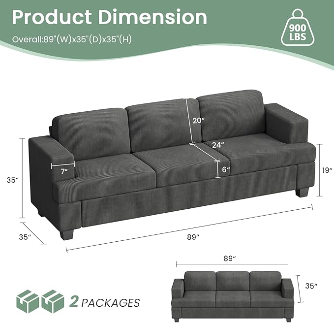2 Pieces Corduroy Couch Set for Living Room, Black Cloud Sofa, Deep Seat Floor Couch for Bedroom, Futon Modern Sofa Sectional Bed, Black Corduroy-Ruum Studio Home