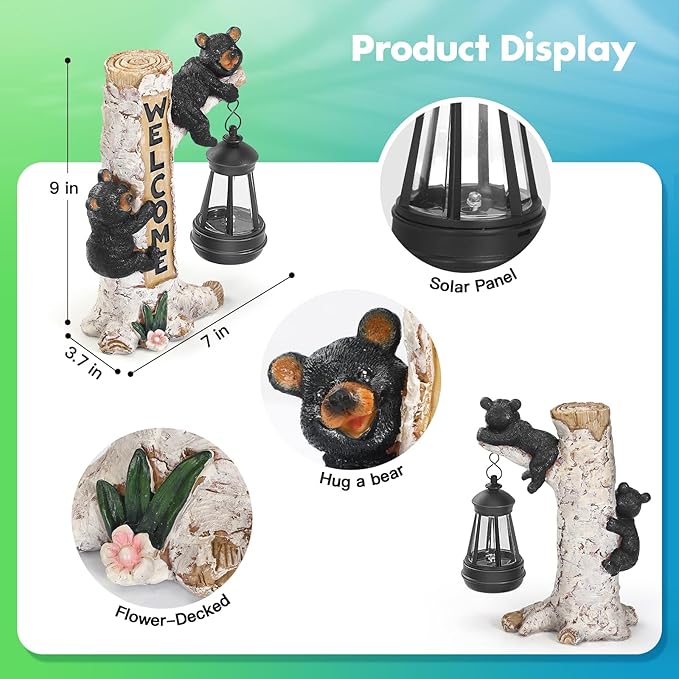 Json Garden Bear Statue with Solar LED Lantern, Gifts for Mom Yard Art, Whimsical Figurine Large Sculpture Lighted Outdoor Mother's Day Spring Decorations for Lawn, Porch-Ruum Studio Home