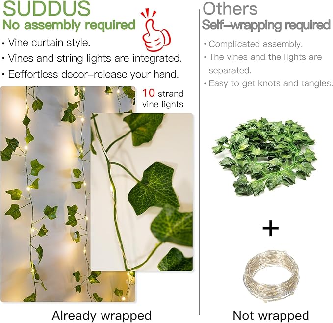 suddus Vines with Light for Bedroom, 200 LED Fairy Lights with Vines, Ivy Curtain Lights for Dorm, Wedding, Party, Wall, Indoor, Outdoor Decor, 6.5ft x 6.5ft-Ruum Studio Home