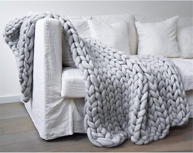 Chunky Knit Blanket Soft Handmade Knitting Throw for Bedroom Sofa Decor Super(Light Gray 40"x60")-Ruum Studio Home