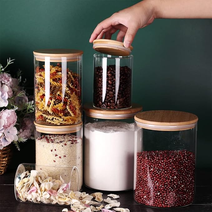 Glass flour Jars with Airtight Lids, 6 Pack Sugar and Flour Salt Containers Set, Extra Large Glass Rice Jar with Bamboo lid for Kitchen, Brown Suger, Beans, Groub Coffee (100OZ/54OZ/27OZ)-Ruum Studio Home