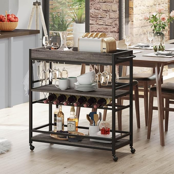 BON AUGURE Bar Cart, Home Bar Serving Cart on Wheels, Mobile 3 Tier Liquor Beverage Carts with Wine Rack and Glass Holder (Grey Oak)-Ruum Studio Home