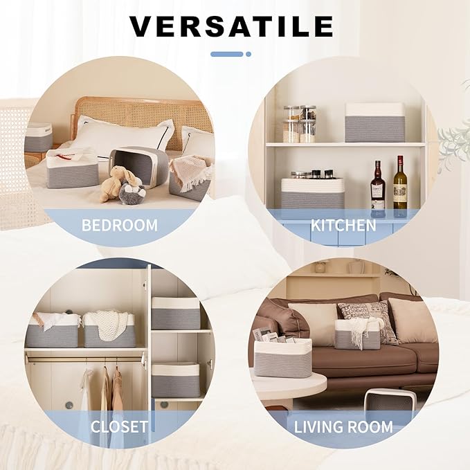 4 Pack Storage Baskets for Organizing, Woven Baskets for Shelves - Perfect for Toys, Books, Towels, and Clothes, Durable Gift Basket Bins Toy Storage, 12.7''L x9''W x7.8''H, Grey and White-Ruum Studio Home