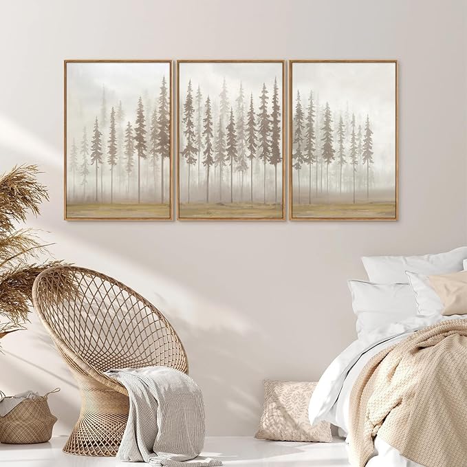 SIGNINART Large Pine Tree Framed Canvas Wall Art Set, Foggy Forest Landscape Wall Decor, Modern Beige Nature Artwork, Misty Forest Wall Painting for Living Room, Bedroom,Office 16 x24 x3-Ruum Studio Home