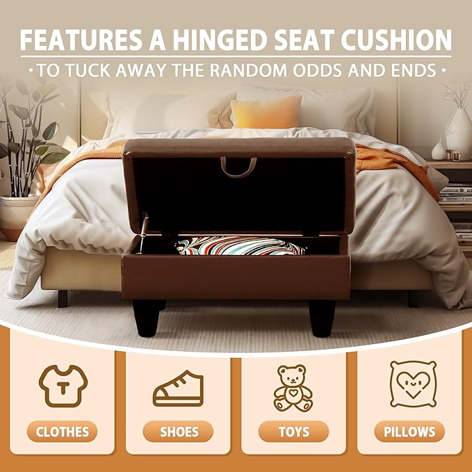 Ottoman Rectangular Storage Ottoman Bench, Faux Leather Footrest, Coffee Table, Stool Footstool with Hinged Lid for Living Room, Bedroom, Entryway, Brown, 28.5"x19"x17.5"-Ruum Studio Home