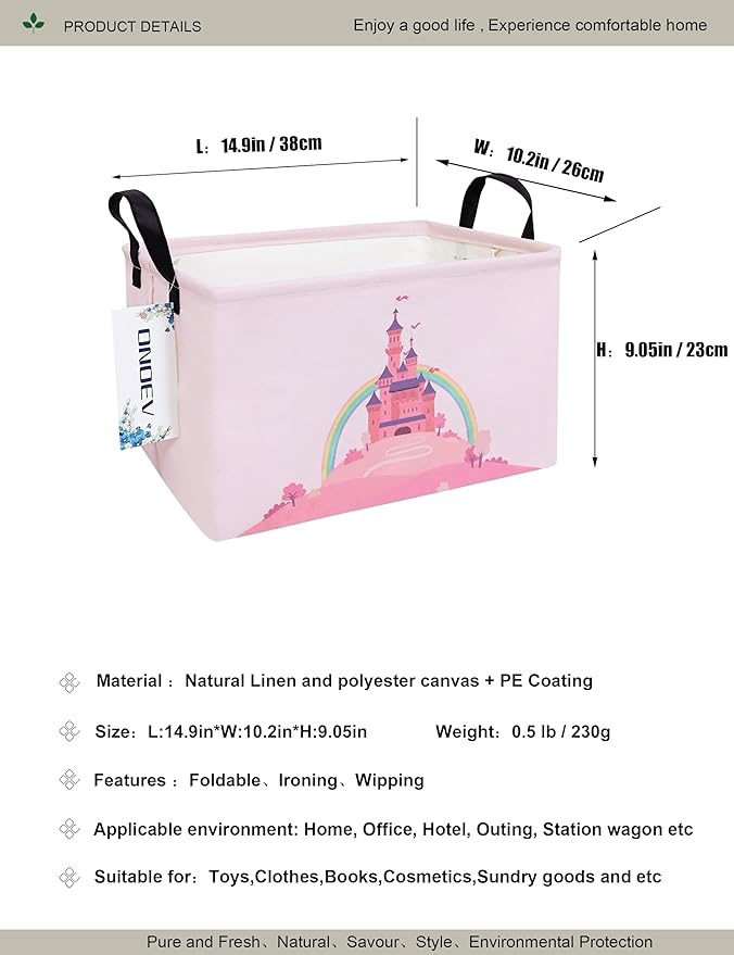 Rectangular Folding Laundry Basket,waterproof Canvas Basket,gift basket,Suitable for children's room,Office,Clothes,Toys Storage(Pink Castle)-Ruum Studio Home