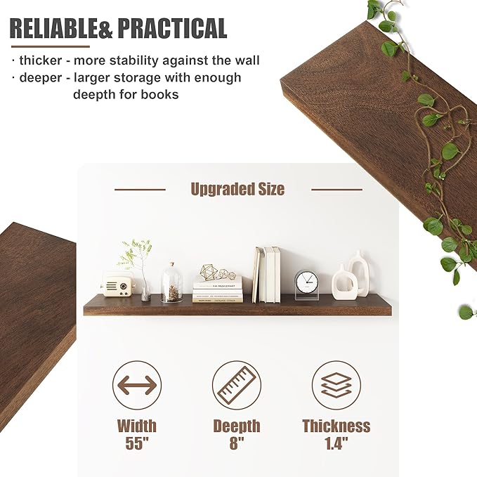 Floating Shelves for Wall, USA-Sourced Walnut Wood 55 Inch Long Wall Shelves, Natural Wooden Wall Mounted Picture Ledge Shelf, Nursery Book Storage Shelf Kids Bookshelf, Display Shelf for Bathroom-Ruum Studio Home