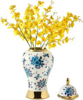 Ginger Jars for Home Decor, White and Gold Vase, Porcelain Ginger Jar Chinoiserie Blue and White Vase with Gold Trim and Floral Pattern, Ceramic Flower Vase for Home, Temple and Storage Jars(12in)-Ruum Studio Home