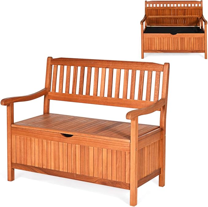 Tangkula Outdoor Wood Storage Bench Deck Box, Entryway Porch Storage Bench with Inner Removable Dust-Proof Lining & Portable Handles, Eucalyptus Wood Loveseat for Garden, Lawn, Balcony & Yard-Ruum Studio Home