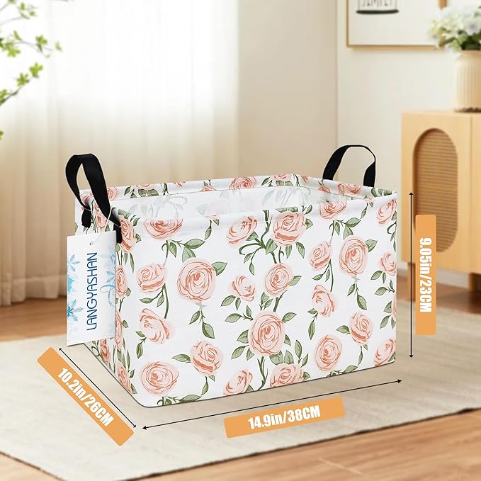 LANGYASHAN Rectangular Storage Bin Collapse Canvas Fabric Cartoon Storage Basket with Handles for Organizing Home Kitchen Boys and Girls Toys Office Closet Shelf Baskets (Rec Champagne Rose)-Ruum Studio Home