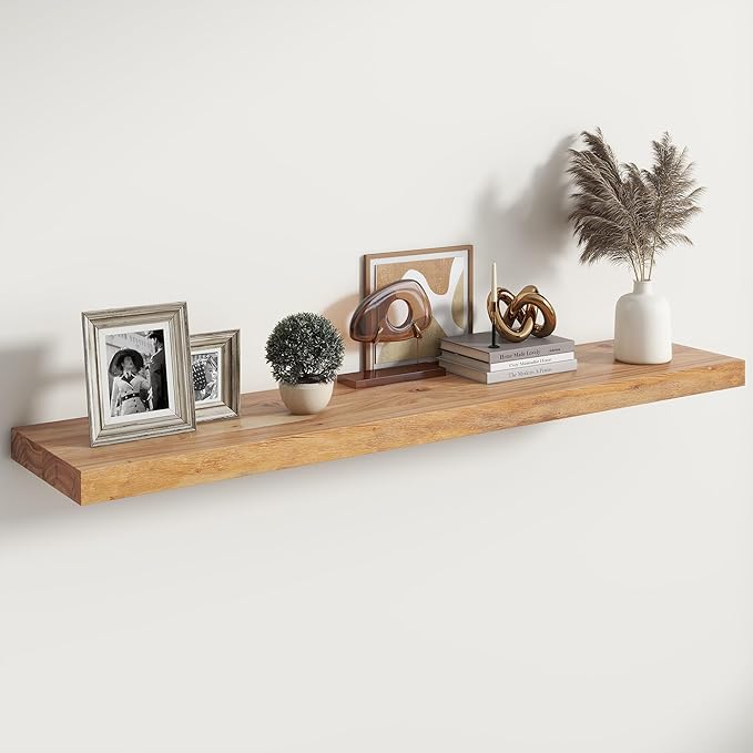 RICHFOCUS Elm Floating Shelves for Wall - 48" W x 9.3" D Rustic Solid Wood Shelves with Invisible Bracket, Wall-Mounted for Living Room, Bedroom, Kitchen Storage & Display, Set of 1, Natural-Ruum Studio Home