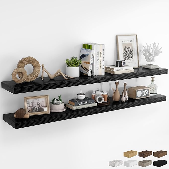 RICHFOCUS 72Inch Floating Shelves for Wall 2 Pack Shelves for Bedroom|Kitchen|Bathroom Wall Mounted Rustic Wood Floating Shelf with Invisible Brackets for Books|Storage|Decor, Black-Ruum Studio Home