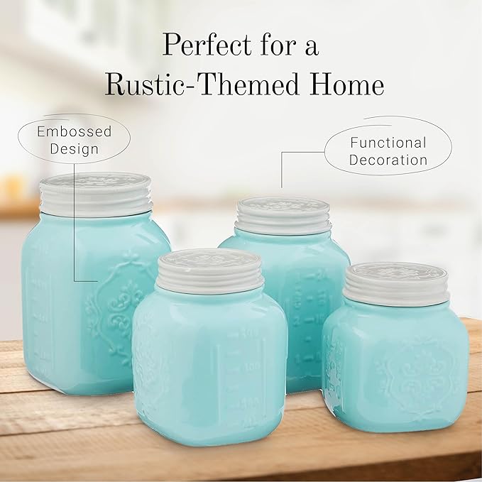 Young's Inc. 4 Pcs Set Vintage Ceramic Canisters- Storage Container for Kitchen and Bathroom - Beautiful Home Decor Accent to Store Food, Coffee, Tea, and More - Sky Blue-Ruum Studio Home