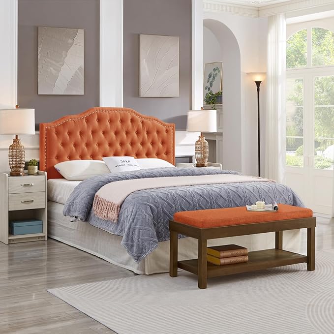 24KF Upholstered Button Tufted Queen Headboard with Nailhead Trim, Elegant Boucle Fabric Full headboard, 6031-Q-Boucle-Orange-Ruum Studio Home