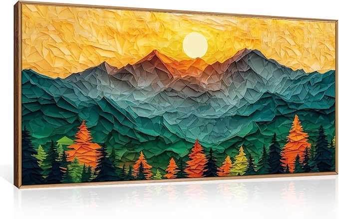 Abstract Sun Mountain Framed Canvas Wall Art Set, Forest Pine Tree Golden Sunset Wall Decor, Mixed Patchwork Landscape Art Print for Living Room, Bedroom, Dining Room, Office - 20"x40"-Ruum Studio Home