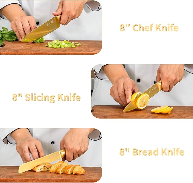 ZHANG XIAO QUAN SINCE 1628 15Pcs Knife Sets with Block, 50Cr15MoV Stainless Steel kitchen knife set with Built-in Sharpener Dishwasher Safe(Golden)-Ruum Studio Home