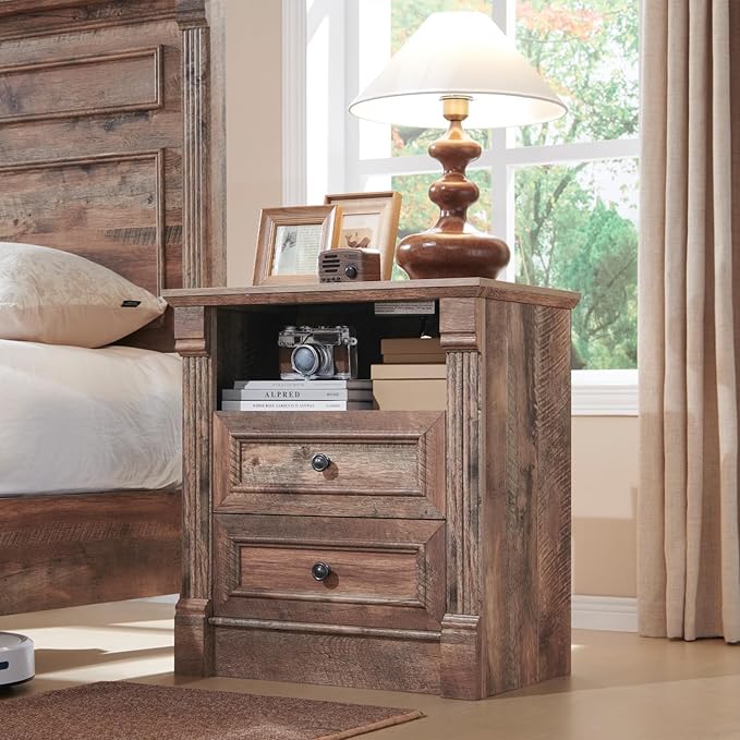 26" Tall Farmhouse Nightstand, 2 Drawers End Table w/Charging Station, 23.6" Wide Large Side Table w/Roman Column, Wood Rustic Sofa Table w/Open Shelf, Bedside Table for Bedroom, Light Brown-Ruum Studio Home