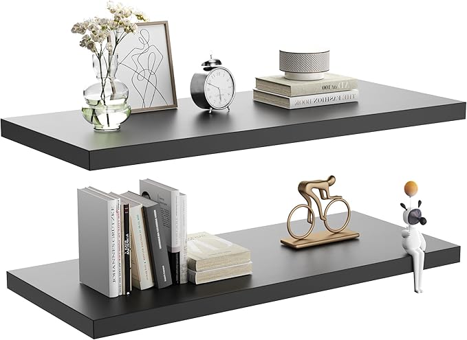 Wall Shelf Set of 2, Black Floating Shelves 24 in W x 10 in D x 1 in H, Wooden Floating Wall Shelf with Invisible Brackets for Living Room/Bedroom/Bathroom/Kitchen Storage and Decor-Ruum Studio Home