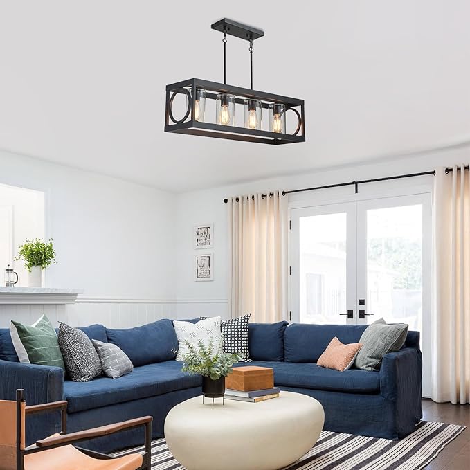 XINGQI Black Kitchen Island Light Fixtures Over Table, 31.5" Rectangular Linear Chandeliers Farmhouse Dining Room Pendant Ceiling 4-Light with Glass Lampshade for Living Room Bar Office-Ruum Studio Home