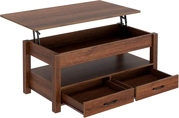 Rolanstar Coffee Table, 47.2" Lift Top Coffee Table with Drawers and Hidden Compartment, Retro Central Table with Wooden Lift Tabletop, for Living Room,Espresso-Ruum Studio Home