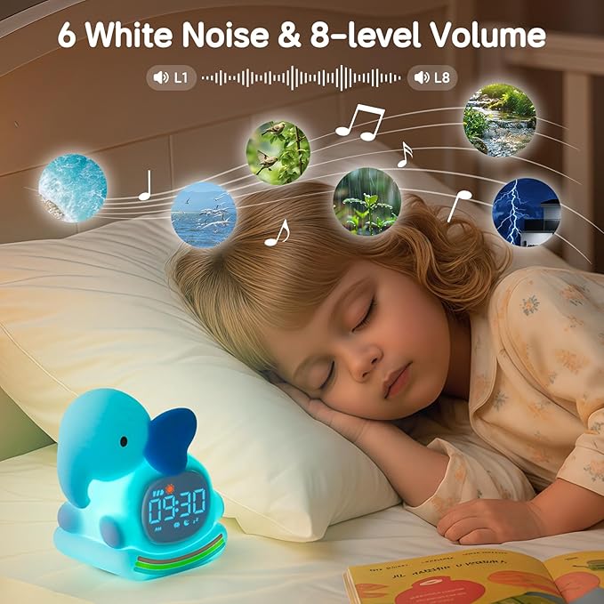 Alarm Clock for Kids with Night Light, Sleep Training Clock Time to Wake Clock, Rechargeable Silicone Light for Bedroom, Perfect Sleep Companion for Boys Girls，Blue Elephant-Ruum Studio Home