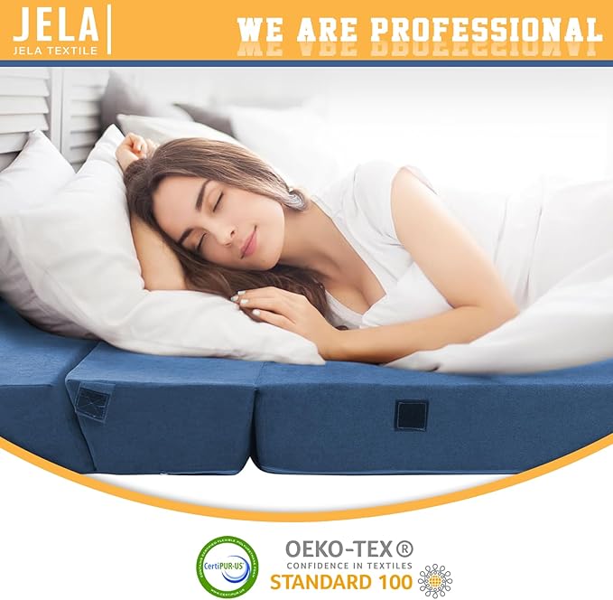jela Foldable Sofa Bed Soft Foam Convertible Sleeper Chair Luxury Miss Fabric Fold Out Chair Bed Floor Couch with Back Support Floor Sofa for Living Room Bedroom (83"x33",Navy)-Ruum Studio Home