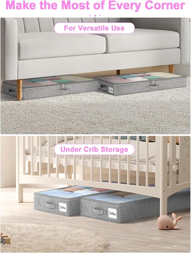 punemi Under Bed Storage Containers, Below 4 Inches Tall Low Profile Underbed Storage, NO STRUCTURE, Soft Foldable Underbed Cloth Storage Bags, Zipper Blanket Storage Container, 2Pack, 20x40x3.7in-Ruum Studio Home