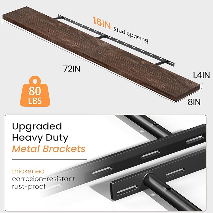Fun Memories 72 Inch Floating Shelves for Wall, Elm Wood Floating Shelves for Home Décor, Wall-Mounted Display Shelves with Heavy-Duty Bracket, Long Floating Shelf for Kitchen, Living Room, Walnut-Ruum Studio Home
