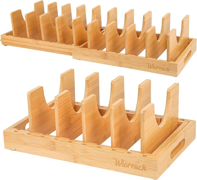 Bamboo Pot Lid Organizer, Adjustable Kitchen Organizer for Cabinet, Expandable Pot and Pan Storage Rack, Kitchen Organization for Lids, Bakeware, and Cutting Boards-Ruum Studio Home